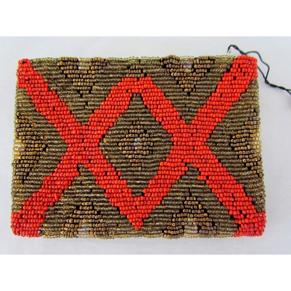 NEW Beaded Pouch Zipper Wallet Clutch Chevron Brown Cherry Red 5.5 x 4